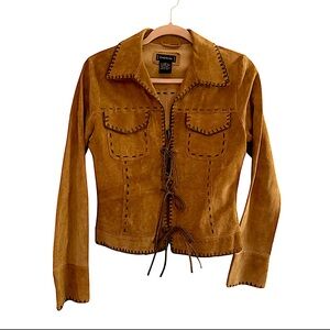 Bebe Tan Leather Jacket Fringe Trim Ties Hand Stitching VTG Rare ⭐️⭐️⭐️⭐️⭐️